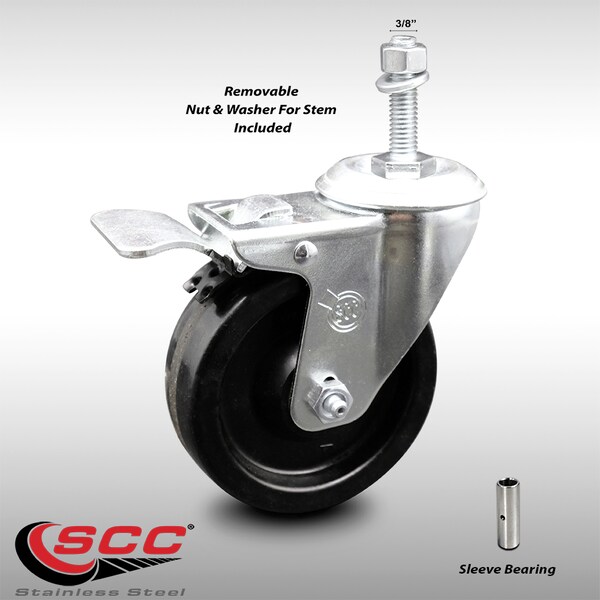 4 Inch SS Phenolic 3/8 Inch Threaded Stem Caster with Total Lock Brake SCC